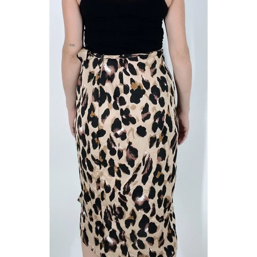 NWT Missy Empire Brown Leopard Print Wrap Midi Skirt Size 2